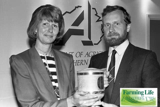 Mrs Lindsay Brooke, the wife of Northern Ireland Secretary of State Sir Peter Brooke, presents the Duke of Cornwall award for forestry and conservation to John Witchell of Clandeboye Estate, Co Down, at the Balmoral Show in 1991. Picture: News Letter/Farming Life archives|