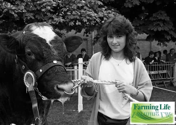 Esther Wilson from Armagh with Bellringer Two, the champion Shorthorn at the Balmoral Show in May 1991. The cow was owned by Tommy Irwin of Fintona. Picture: News Letter/Farming Life archives