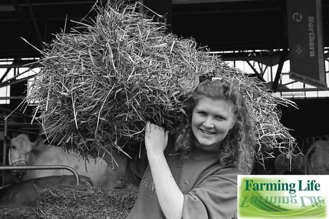 Carrying in the straw at Balmoral Show in May 1991 was no problem for Gillian Gibson from Ballygowan, the secretary of the new junior Blonde d'Aquitaine Club. Picture: Eddie Harvey/News Letter/Farming Life archives