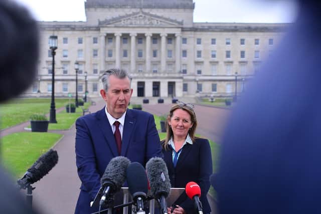 New DUP leader Edwin Poots and new deputy leader, Paula Bradley, pictured at Stormont on Friday afternoon. (Photo: Pacemaker)