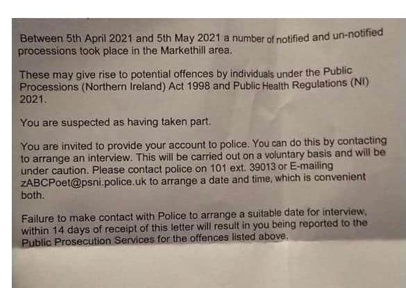 This letter has reportedly been delivered to bandsmen in the Markethill area on the night of Friday May 14 and also on Saturday May 15.