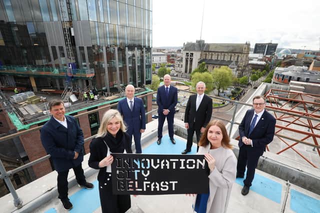 Suzanne Wylie, Chair of Innovation City Belfast and Chief Executive, Belfast City Council, Steve Orr, Chief Executive Officer Catalyst, Paul Bartholomew, Vice Chancellor Ulster University, Joe O’Neill Chief Executive Belfast Harbour, Kevin Holland, Chief Executive Officer, Invest Northern Ireland, Professor Ian Greer, President and Vice Chancellor Queen’s University Belfast, Jayne Brady, Belfast Digital Innovation Commissioner