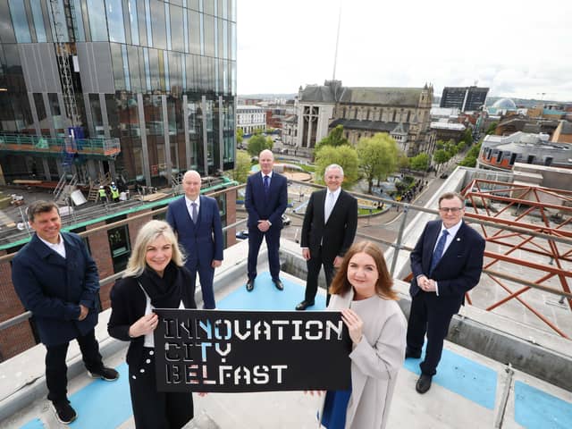 Suzanne Wylie, Chair of Innovation City Belfast and Chief Executive, Belfast City Council, Steve Orr, Chief Executive Officer Catalyst, Paul Bartholomew, Vice Chancellor Ulster University, Joe O’Neill Chief Executive Belfast Harbour, Kevin Holland, Chief Executive Officer, Invest Northern Ireland, Professor Ian Greer, President and Vice Chancellor Queen’s University Belfast, Jayne Brady, Belfast Digital Innovation Commissioner