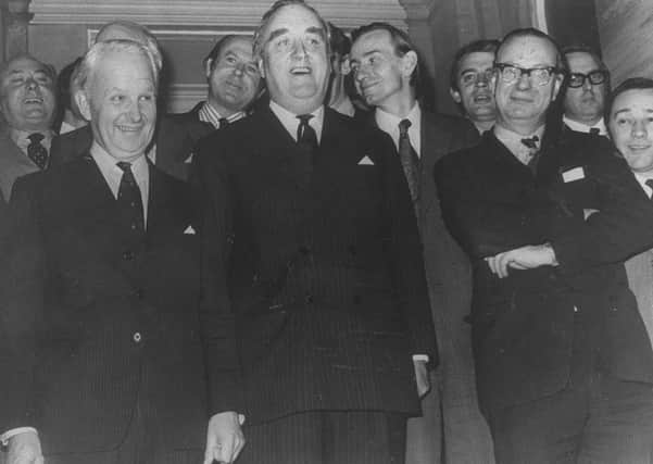 Far left, Brian Faulkner pictured with Secretary of State William Whitelaw in 1973. Picture: Pacemaker