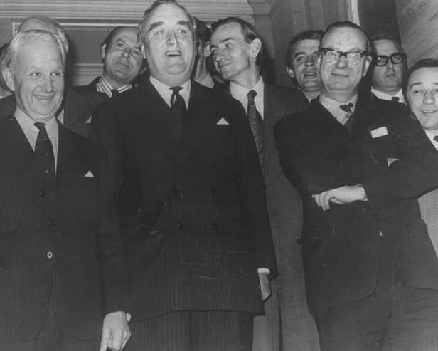 Far left, Brian Faulkner pictured with Secretary of State William Whitelaw in 1973. Picture: Pacemaker