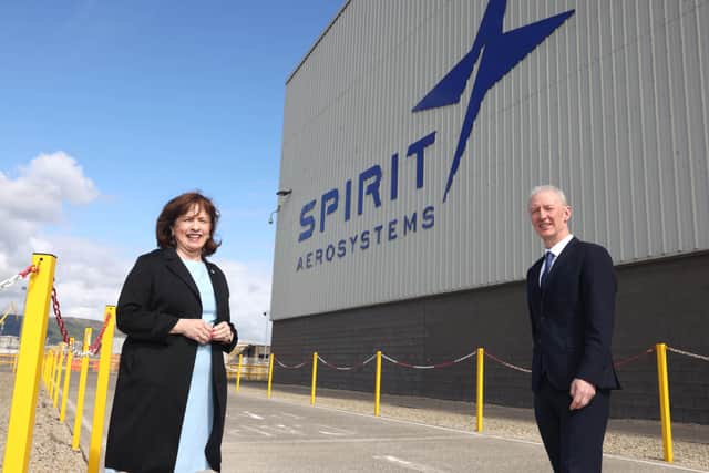 Economy Minister Diane Dodds with Spirit AeroSystems vice president and general manager Michael Ryan on the factory floor during a tour of the wing factory