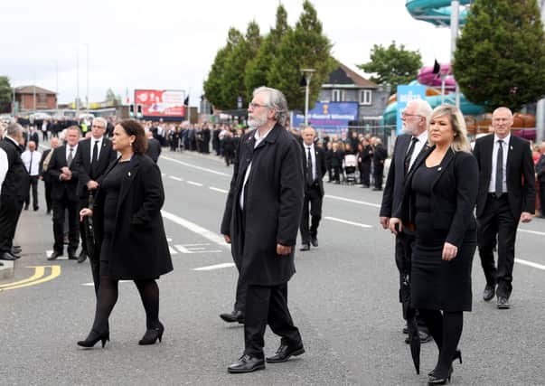 Sinn Fein leaders Mary Lou McDonald, Gerry Adams and Michelle O’Neill at the Bobby Storey funeral last June
Samuel Morrison writes: “We all saw thousands of republicans take over Belfast to give a traditional IRA send off to Bobby Storey.  The rest of us buried loved ones at funerals limited to 30. This happened in the full view of TV cameras”