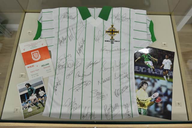 A signed NI shirt from Espana 82. 
Picture By: Pacemaker Press.