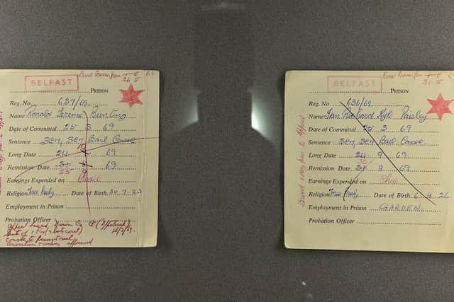 Prison cards for Major Bunting and Ian Paisley from 1969. 
Picture By: Pacemaker Press.