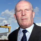 Cllr Jim Rodgers in the shadows of the Harland and Wolff cranes.Picture by Brian Little
