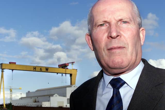 Cllr Jim Rodgers in the shadows of the Harland and Wolff cranes.Picture by Brian Little