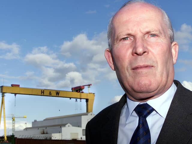 Cllr Jim Rodgers in the shadows of the Harland and Wolff cranes.Picture by Brian Little