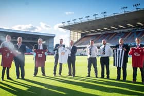 Portadown manager Matthew Tipton (right) at Burnley's Turf Moor alongside representatives from Ayr United, Llandudno and Cobh Ramblers following confirmation by the Premier League side of strategic partnerships with the four clubs. Pic courtesy of Burnley