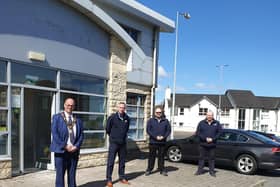 Mayor of Antrim and Newtownabbey, Councillor Jim Montgomery with HHI Newtownabbey Branch Manager, Gary Kee, David Dickson, HHI Kitchens Manager and Stephen Burgess, HHI Sales and Marketing Manager at the new HHI Premises in Glengormley