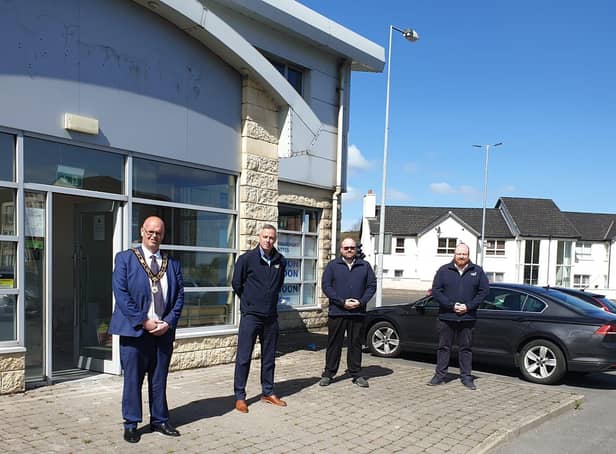 Mayor of Antrim and Newtownabbey, Councillor Jim Montgomery with HHI Newtownabbey Branch Manager, Gary Kee, David Dickson, HHI Kitchens Manager and Stephen Burgess, HHI Sales and Marketing Manager at the new HHI Premises in Glengormley