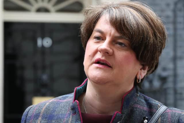DUP leader Arlene Foster speaks to the media, ahead of a meeting with Prime Minister Boris Johnson, at 10 Downing Street in London, on Thursday
