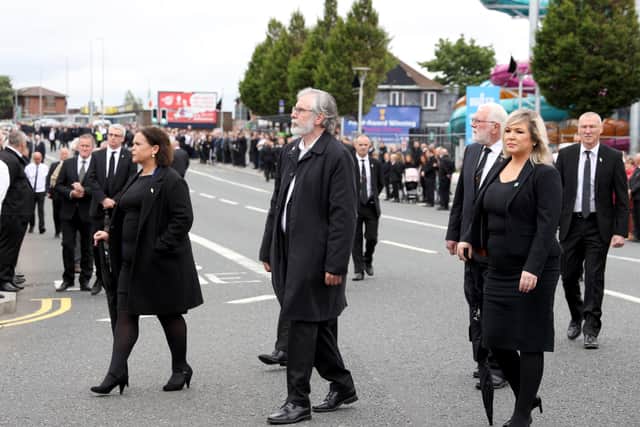 Sinn Fein’s president, Mary Lou McDonald, left, and Stormont leader, Michelle O’Neill, right, were at the helm of the funeral of an IRA godfather. An intelligent child would have grasped it all: a flagrant breach of the limit of 30 mourners, and an aggressive breach of the spirit of social distancing, yet various probes into it were unable to adjudicate as wrong that which a child could see was obviously wrong. 
Photo Pacemaker Press