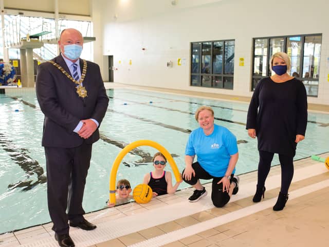 Belfast Lord Mayor Alderman Frank McCoubrey and Head of Service at GLL Jacqui Pope celebrate the launch of GLL’s Swim School