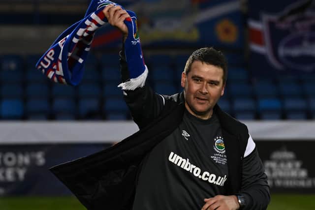 Linfield boss David Healy during Friday’s Irish Cup celebrations. Pic by Pacemaker.