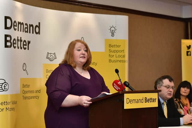 Naomi Long, Alliance leader, at a party manifesto launch in November 2019. Ruth Dudley Edwards writes that Alliance is in trouble if she and her husband Michael can’t see why his tweet about “backward looking” men upset people. Picture Pacemaker