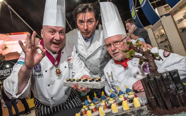 Pictured at the opening of IFEX 2018 are Sean Owens, Director of Salon Culinaire at IFEX, with Jean-Christophe Novelli and patisserie judge, David Close