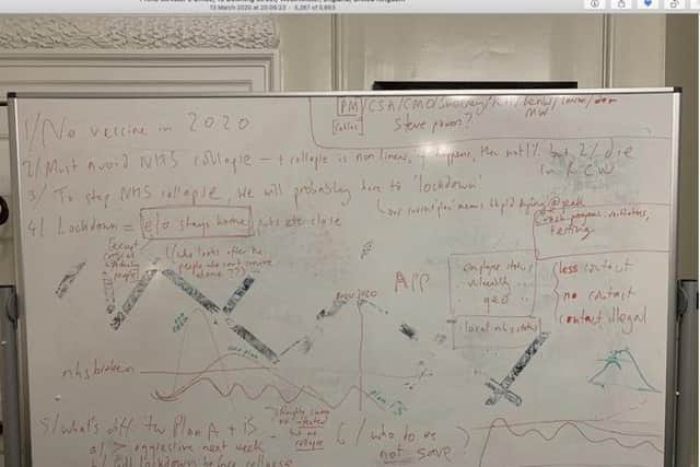 Picture taken from the Twitter feed of Dominic Cummings of an image of a whiteboard on which the Government's "plan B" for the first wave of coronavirus was sketched out.