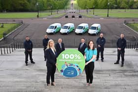 Nichola Mallon, Infrastructure Minister with CEO of NI Water, Sara Venning, Des Nevin, Director of Customer Operations, NI Water and Michael Walker, Charles Hurst Nissan, with Electric Van drivers