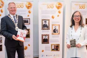 The Mayor of  Ards and North Down Councillor Trevor Cummings with North Down Museum Manager, Heather McGuicken pictured with the ‘NI100: Our Borough, Our People’ Exhibition