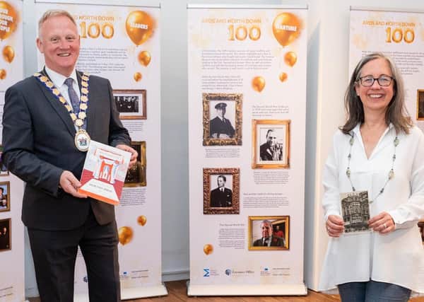 The Mayor of  Ards and North Down Councillor Trevor Cummings with North Down Museum Manager, Heather McGuicken pictured with the ‘NI100: Our Borough, Our People’ Exhibition