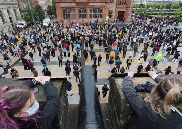 A rally in the Guildhall Square, Londonderry, organised by the North West Migrants Forum, in June 2020