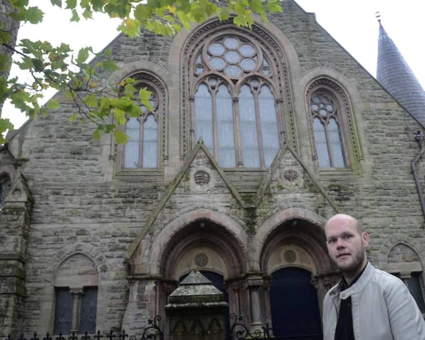 Assistant Minister Jonathan Abernethy-Barkley pictured outside Fitzroy Presbyterian Church, University Street, Belfast, in October 2014. Picture: Colm Lenaghan/Pacemaker Press