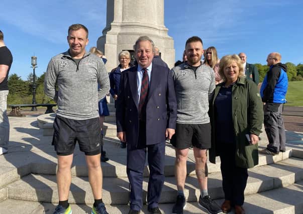Ian Reid and Connor Ferguson with Veterans Commissioner for Northern Ireland Danny Kinahan and Beyond the Battlefield chief executive Anne-Marie Hastings