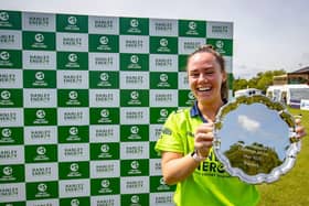 Ireland Women captain Laura Delaney celebrates the T20 series victory over Scotland at Stormont.