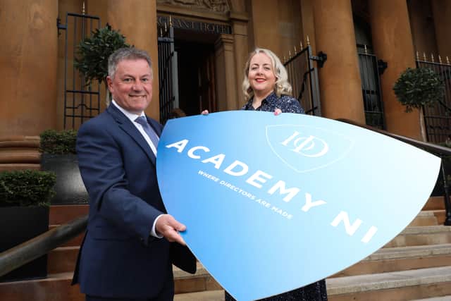 IoD NI Chairman Gordon Milligan and National Director Kirsty McManus mark the return of ‘face-to-face’ tuition at the IoD Academy with the organisation set to offer it professional development courses in person once again from The Merchant, Belfast