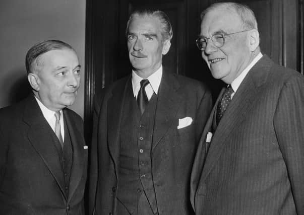 Former French PM Georges Bidsult, with Anthony Eden and John Foster Dulles, US Secretary of State, far right. Picture: Dutch National Archives