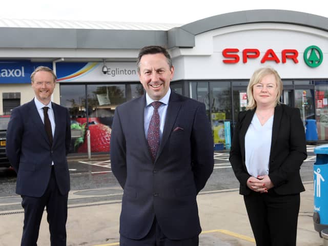 Kevin Paterson, Regional Manager NI, Brian Donaldson, CEO of The Maxol Group and Val Rodden, Licensee of Maxol Eglinton