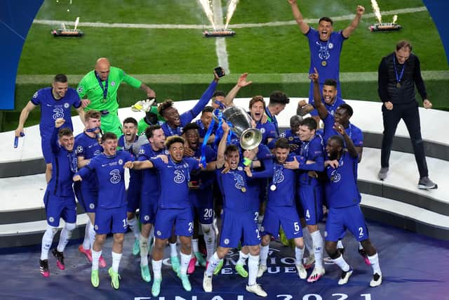 Chelsea celebrate with the Champions League trophy after beating Manchester City 1-0 in the final in Porto on Saturday.