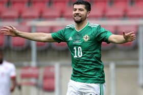 Jordan Jones celebrates his goal for Northern Ireland. Pic by PressEye Ltd.