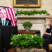 The Taoiseach Micheal Martin talks to Joe Biden on St Patrick’s Day this year. However much the US president values his Irish roots, his corporate tax plan has gone down badly in the Republic of Ireland, where the rate is just 12.5%