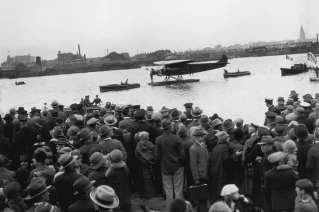 American aviator Amelia Earhart (1898  - 1937) in her Fokker seaplane Friendship at Southampton after arriving on her trans-atlantic flight, July 1928 - the first such flight by a woman. (Photo by Central Press/Hulton Archive/Getty Images)
