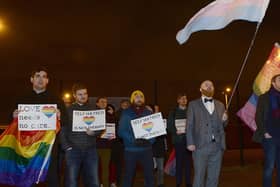 LGBT campaigners picket a film screening at Townsend Presbyterian Church in Belfast in 2019 in which Matthew Grech told of his conversion to Christianity and leaving his LGBT identity.
 Picture By: Arthur Allison.
