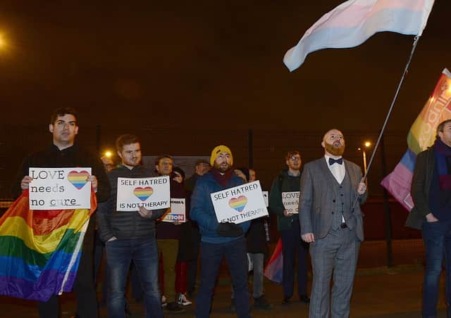 LGBT campaigners picket a film screening at Townsend Presbyterian Church in Belfast in 2019 in which Matthew Grech told of his conversion to Christianity and leaving his LGBT identity. Picture By: Arthur Allison.