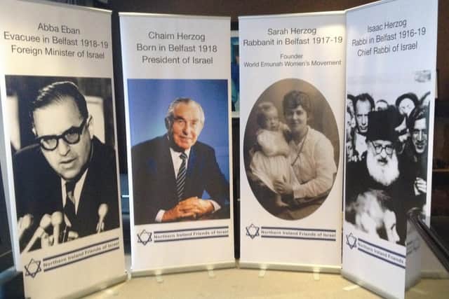 Banners from NI Friends of Israel showing the strong links between the Herzog family and Northern Ireland.