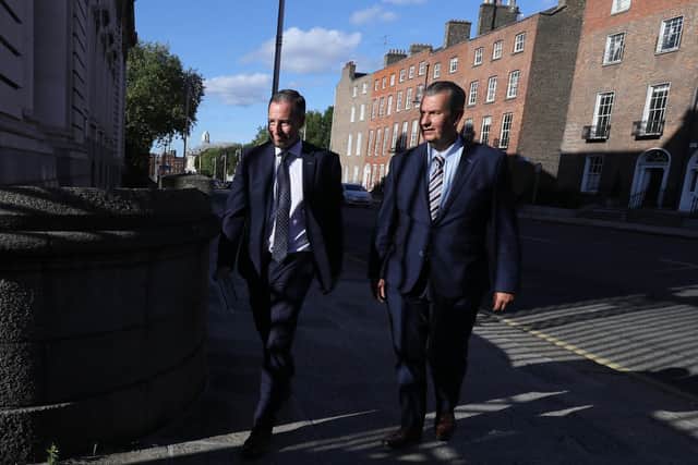 DUP leader Edwin Poots, right, with MLA Paul Givan, arriving at Government Buildings, Dublin, ahead of his meeting with Taoiseach Micheal Martin. They made clear they are not boycotting North South meetings. Photo: Brian Lawless/PA Wire