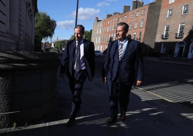 DUP leader Edwin Poots, right, with MLA Paul Givan, arriving at Government Buildings, Dublin, ahead of his meeting with Taoiseach Micheal Martin. They made clear they are not boycotting North South meetings. Photo: Brian Lawless/PA Wire