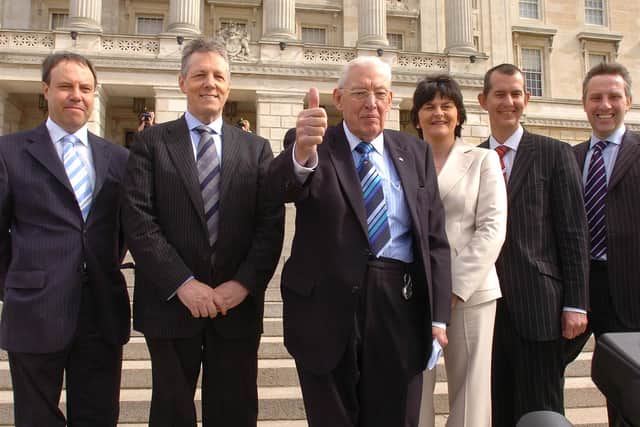 Happier day at the top of the DUP. The then party leader and first minister designate Dr Ian Paisley in April 2007 with key colleagues, from left, Nigel Dodds, Peter Robinson, Arlene Foster, Edwin Poots and Ian Paisley Junior. In little more than a year he would come under pressure to stand down
