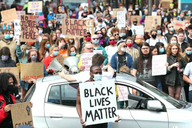 Thousands of people took part in a Black Lives Matter rally in Belfast city centre on June 2, 2020 in protest about the police killing of George Floyd in Minneapolis, USA.