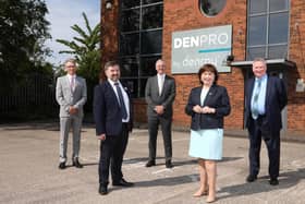 Health Minister Robin Swann and Economy Minister Diane Dodds with Chief Executive Officer of Denroy Group, Kevin McNamee, Chief Executive of Invest NI, Kevin Holland and the Chair of Denroy Group, John Rainey