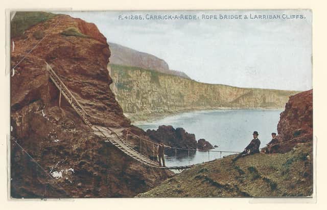 Old postcard of Carrick-a-Rede marking NI 100