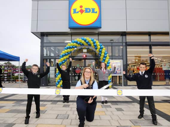 Pictured launching the new store are Callum Burke, Edenderry Primary School, Matthew Corbett, Edenderry Primary School, Nicola Fullen, High Street Mall Store Manager at Lidl Northern Ireland, Orla McAtamney, St John the Baptist Primary School and Blaine Nelson, Portadown Integrated Primary School